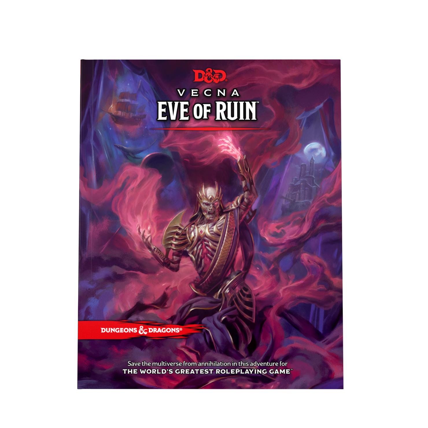 Dungeons & Dragons 5E RPG Vecna: Eve of Ruin book cover featuring a dark, ominous figure amidst swirling purple and red clouds.