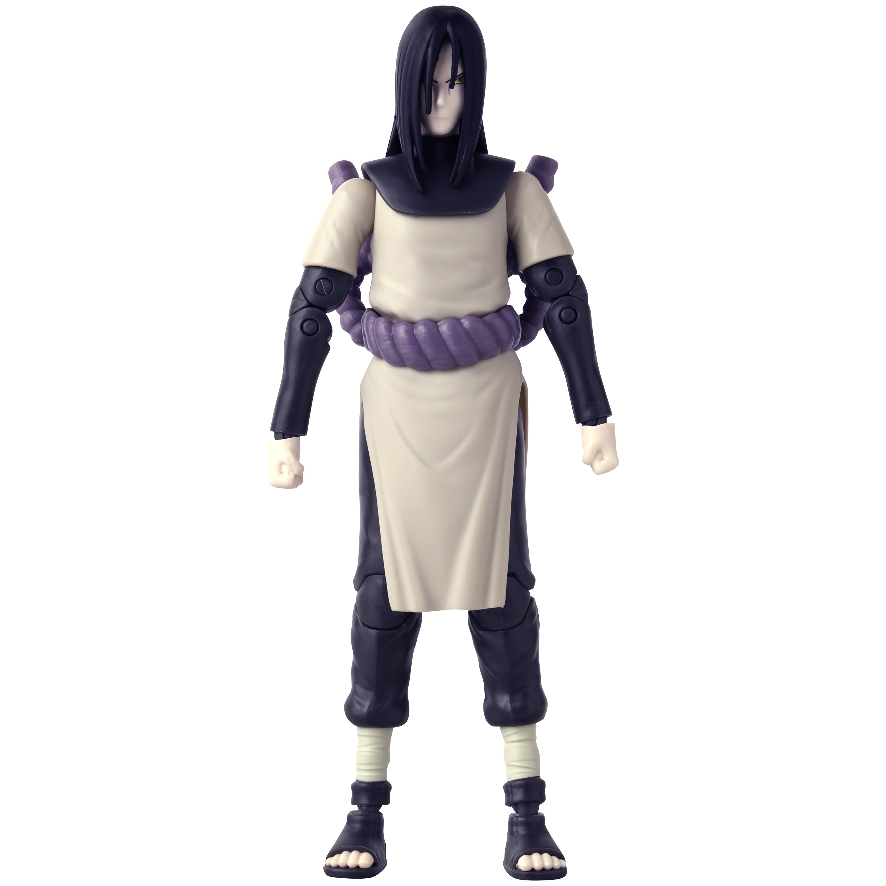 Anime Heroes Naruto Orochimaru action figure with long black hair, dressed in a beige and black outfit, standing confidently.