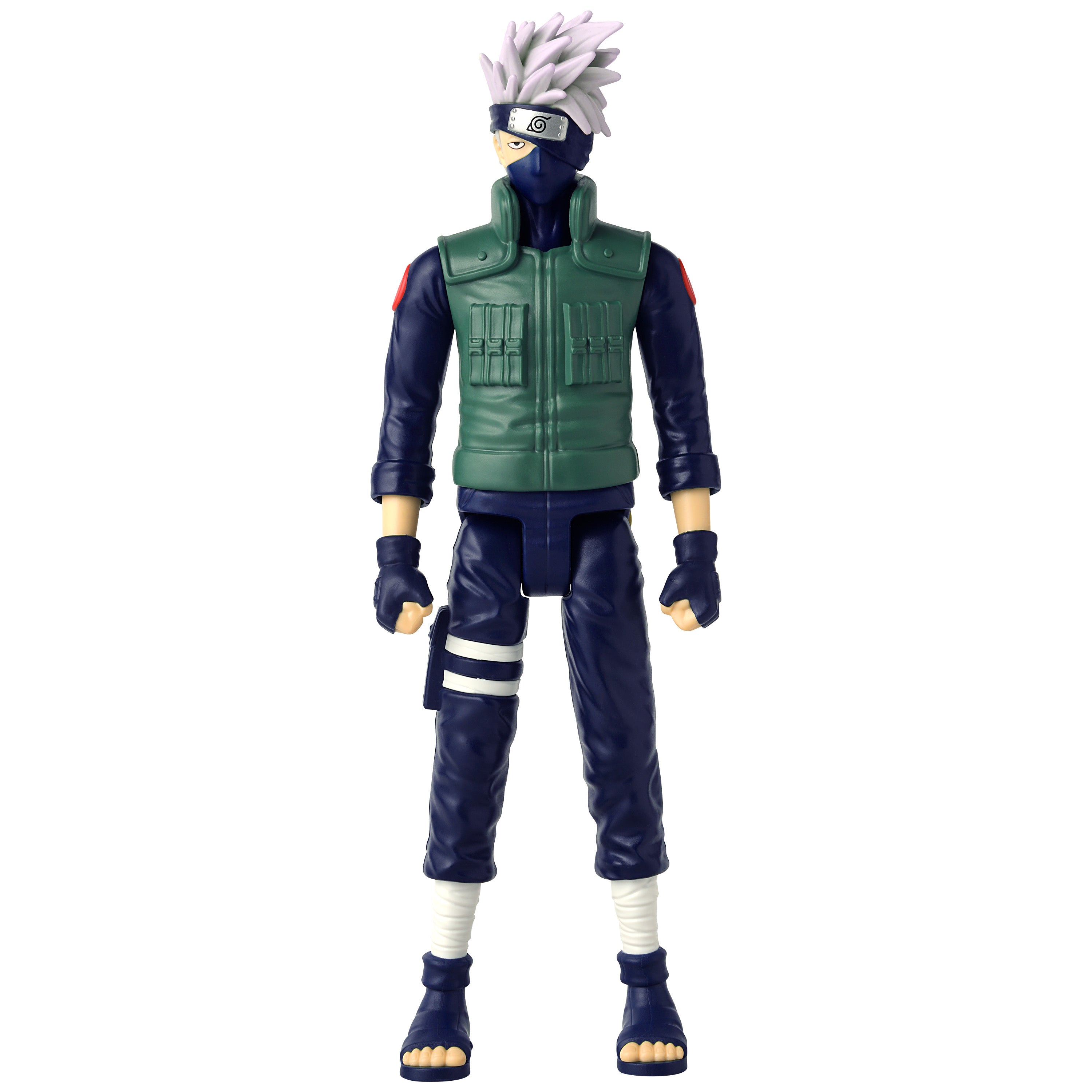 Anime Heroes Mega Naruto Kakashi action figure in green vest and dark pants, showcasing detailed features and poseability.