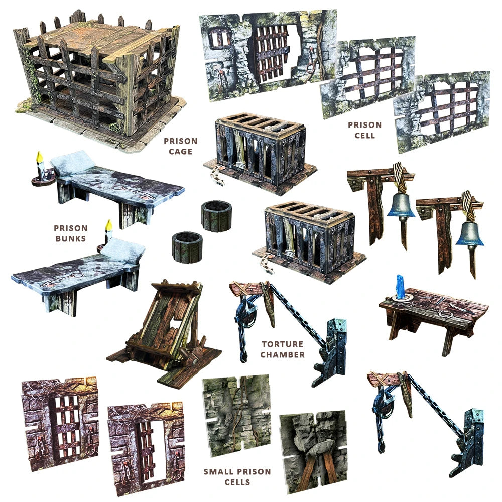 Detailed fantasy dungeon scenery set featuring prison cells, bunks, a torture chamber, and various accessories for tabletop gaming.