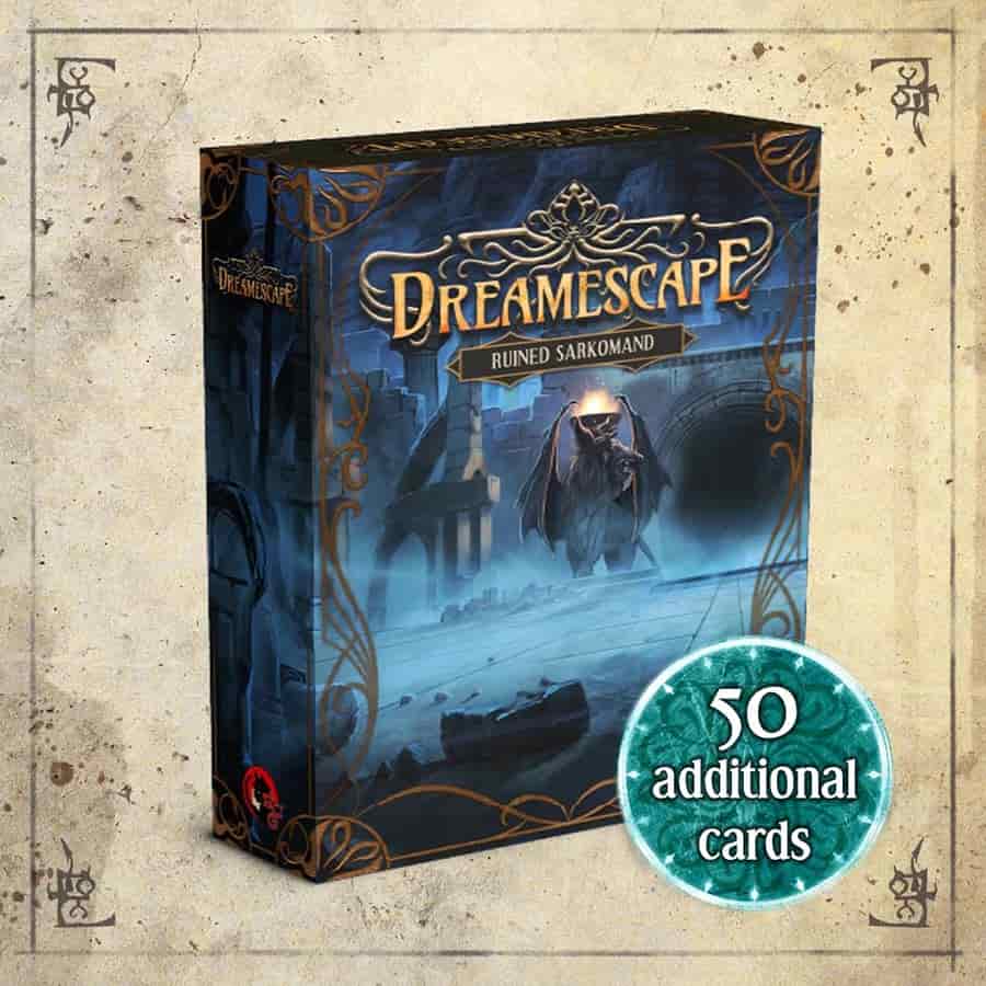 Dreamescape: Ruined Sarkomand Expansion box featuring a dark fantasy design and text highlighting 50 additional cards.