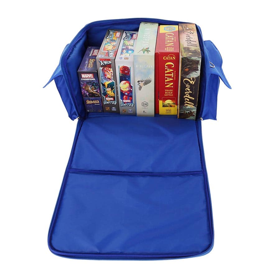 Blue BCW Spectrum board game bag with several board games neatly organized inside, showcasing its spacious interior.