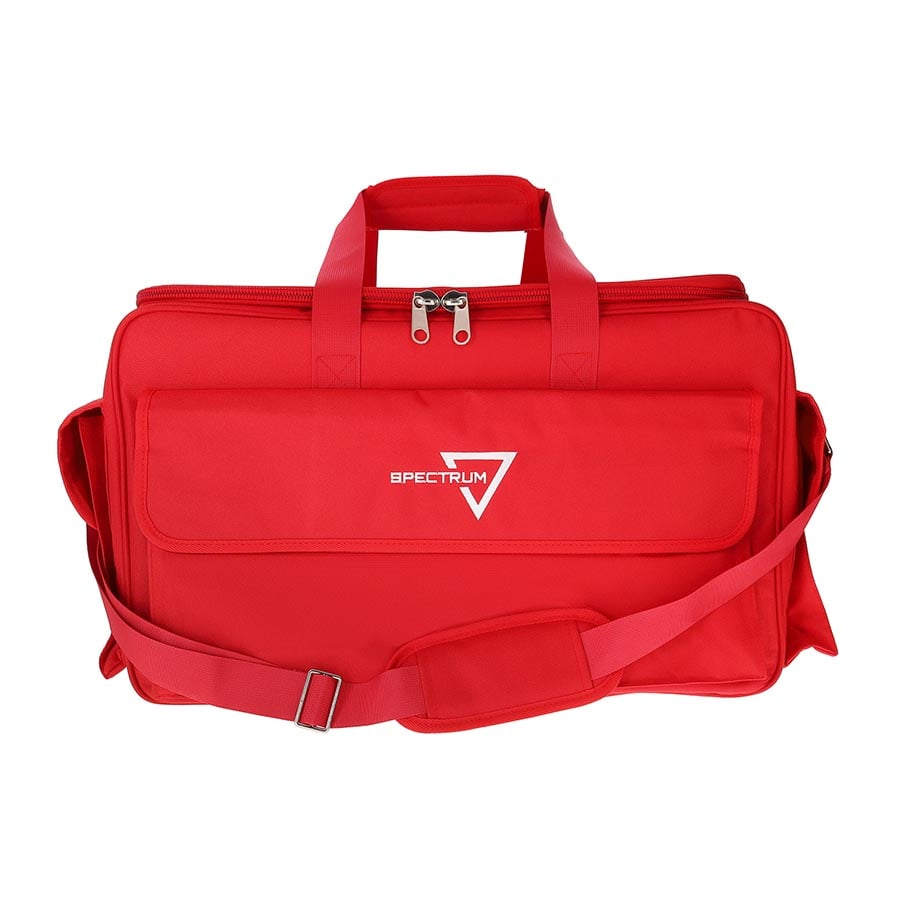 Red Spectrum board game bag with dual handles, adjustable shoulder strap, and front pocket for storage.