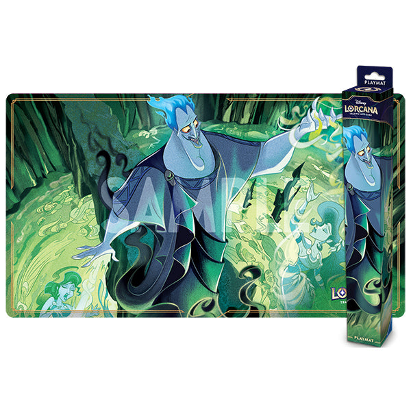 Disney Lorcana TCG Reign of Jafar Hades playmat featuring vibrant artwork of Hades surrounded by ghostly figures.