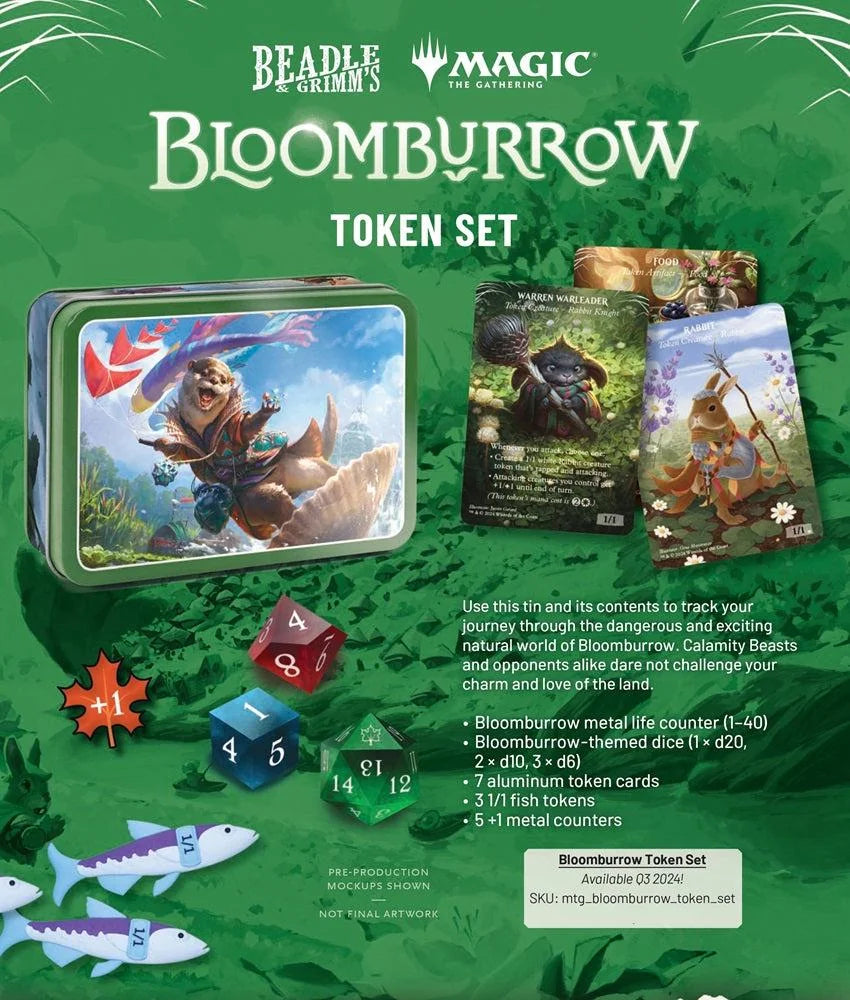 Beadle & Grimm's Bloomburrow Token Set for Magic: The Gathering, featuring tokens, dice, and metal counters in a collectible tin.