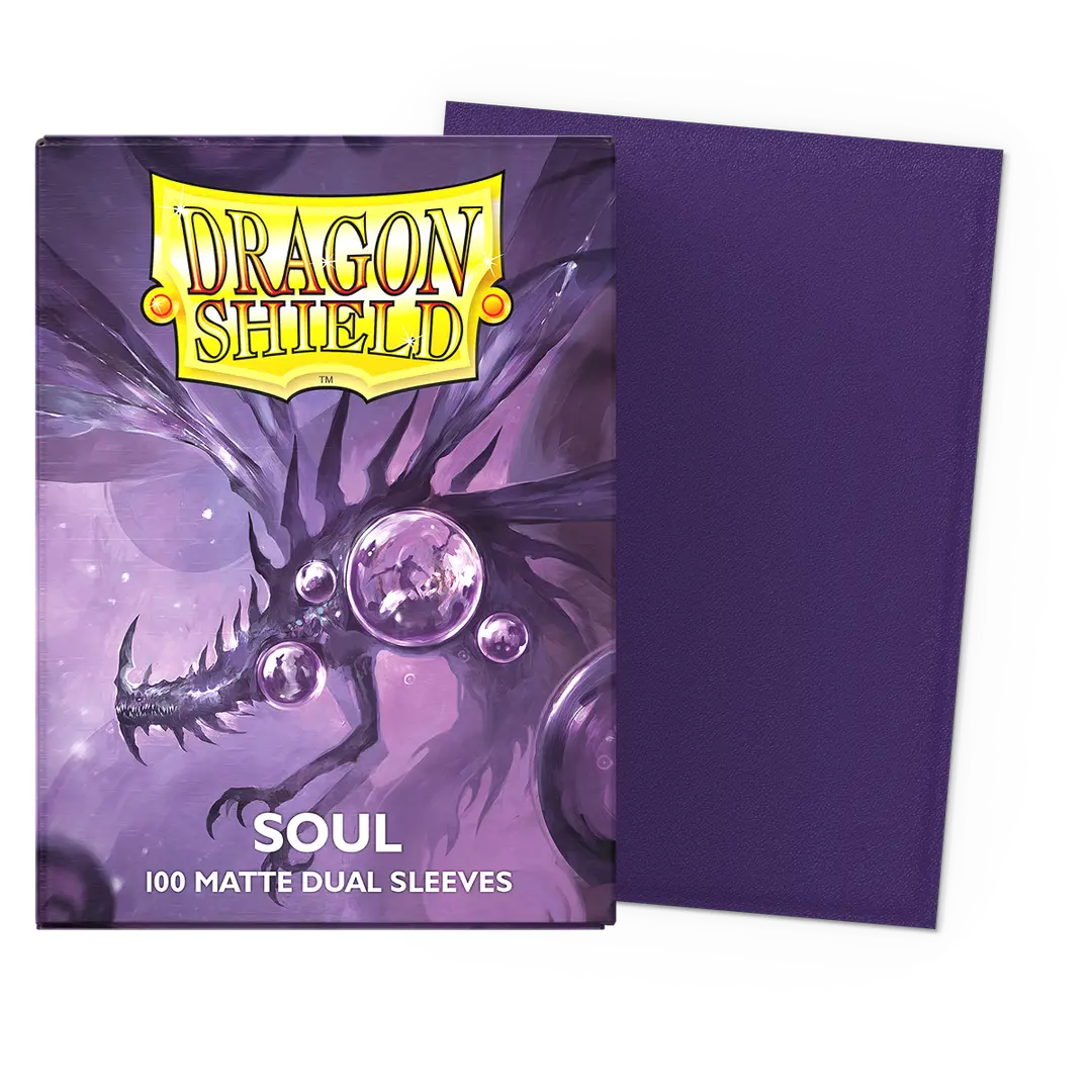 Dragon Shield "Soul" Metallic Purple Matte Dual Card Sleeves featuring a dragon design, packaged in a 100-count box.