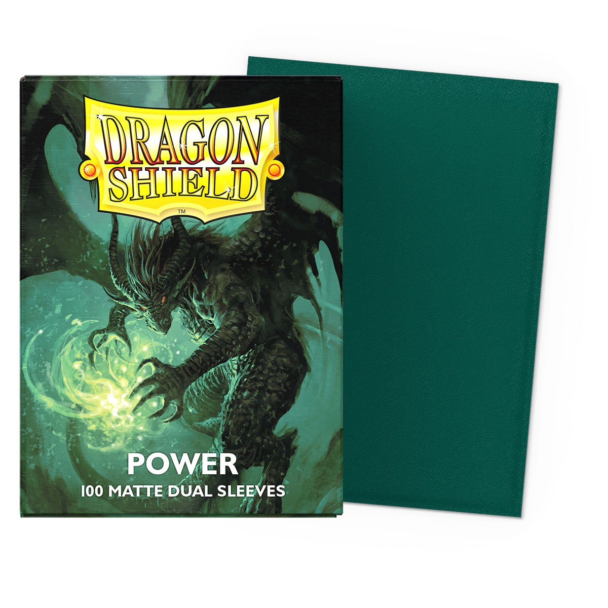 Dragon Shield "Power" Metallic Green Matte Dual Card Sleeves, featuring a dragon design, packaged with 100 sleeves.