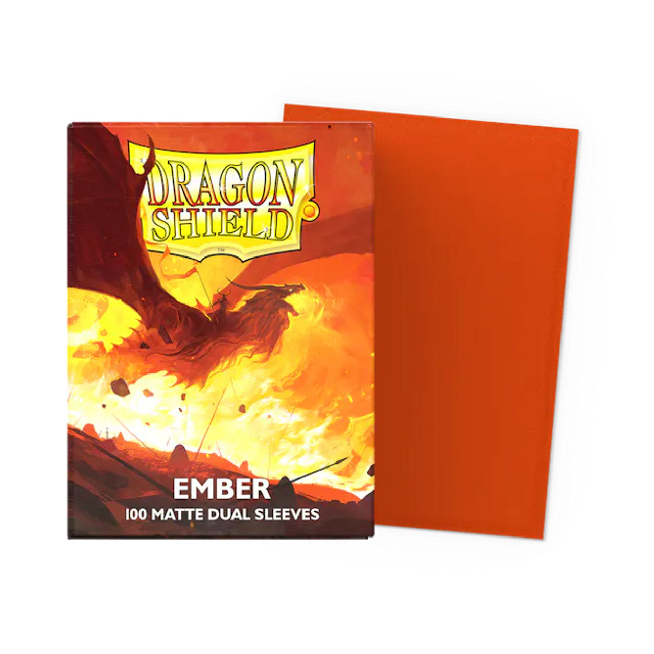 Dragon Shield Ember Matte Dual Card Sleeves pack featuring vibrant orange sleeves and a fiery dragon design on the box.