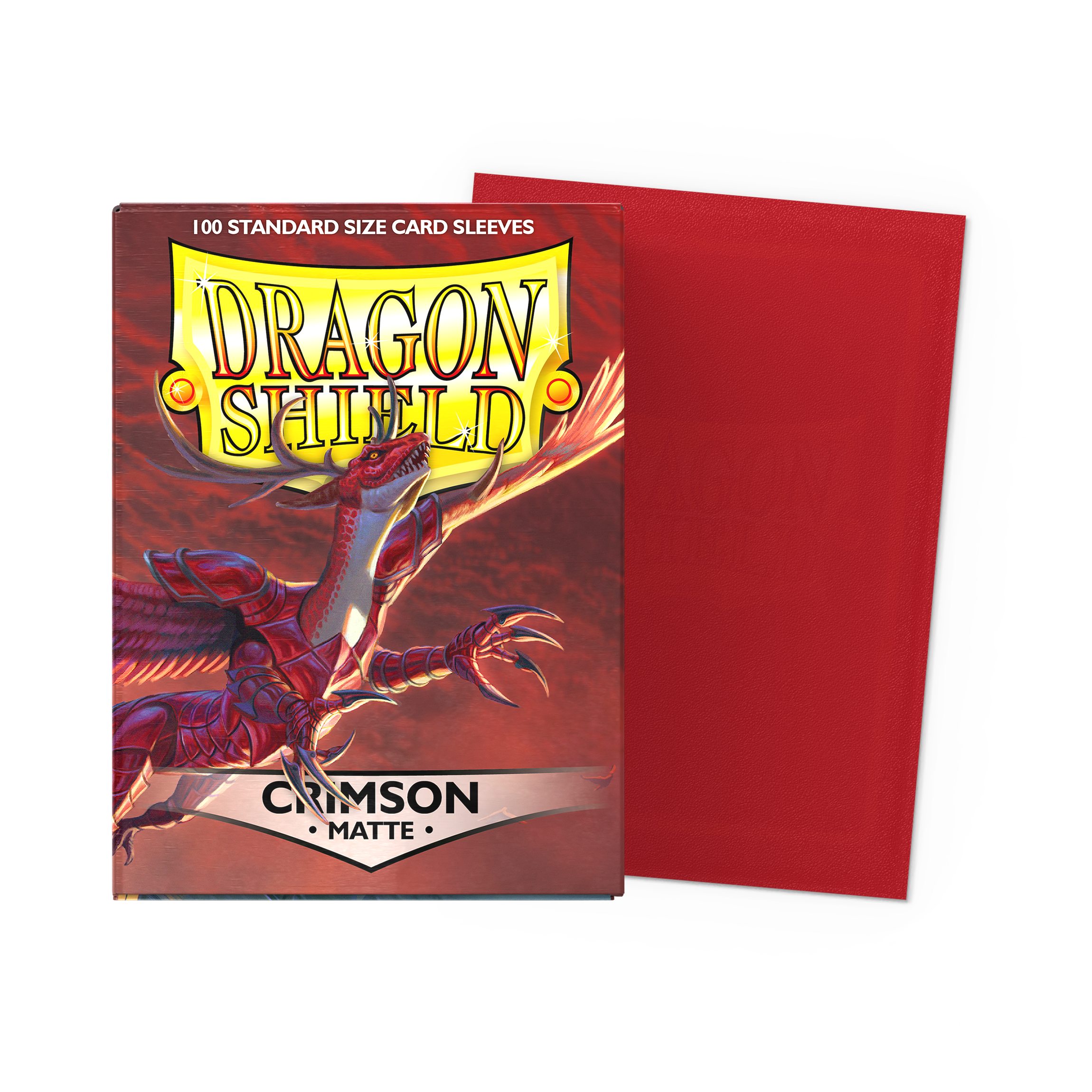 Dragon Shield Matte Crimson card sleeves package featuring a dragon design, with a red sleeve background, 100 count.