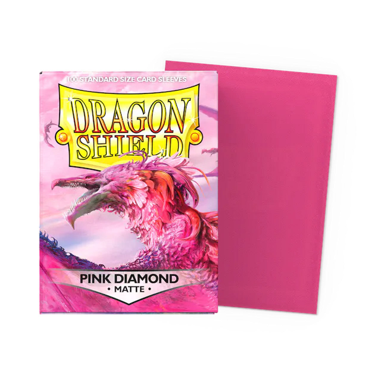 Dragon Shield Pink Diamond matte card sleeves packaging with a vibrant pink design and a dragon illustration, featuring 100 sleeves.