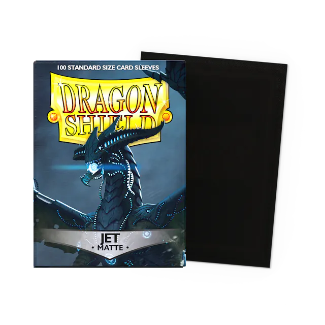 Dragon Shield Matte Jet Standard Size Card Sleeves pack featuring 100 black protective sleeves for trading cards.