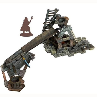 Detailed fantasy dungeon terrain piece featuring an artisan's forge with a working mechanism and a miniature silhouette.