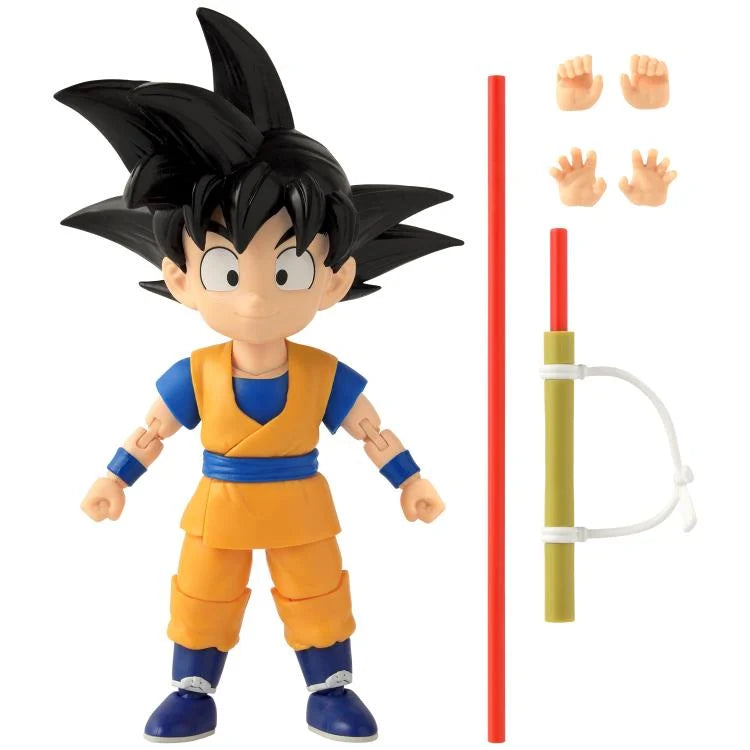 Dragon Ball DAIMA Dragon Stars Series Goku action figure with interchangeable hands and accessories, including a staff.