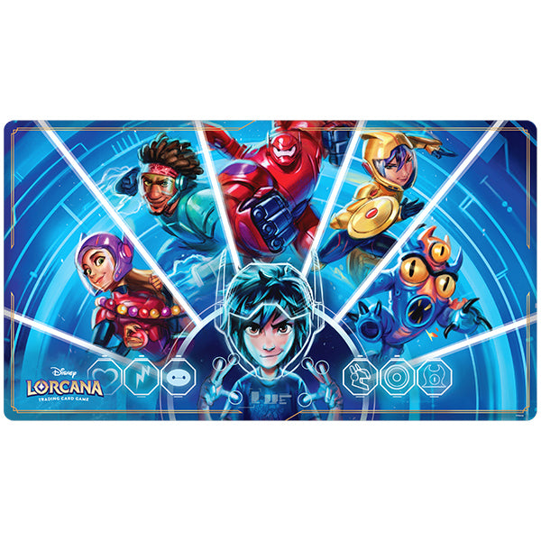 Colorful Disney Lorcana playmat featuring Baymax and other characters from Archazia's Island, designed for tabletop gaming.