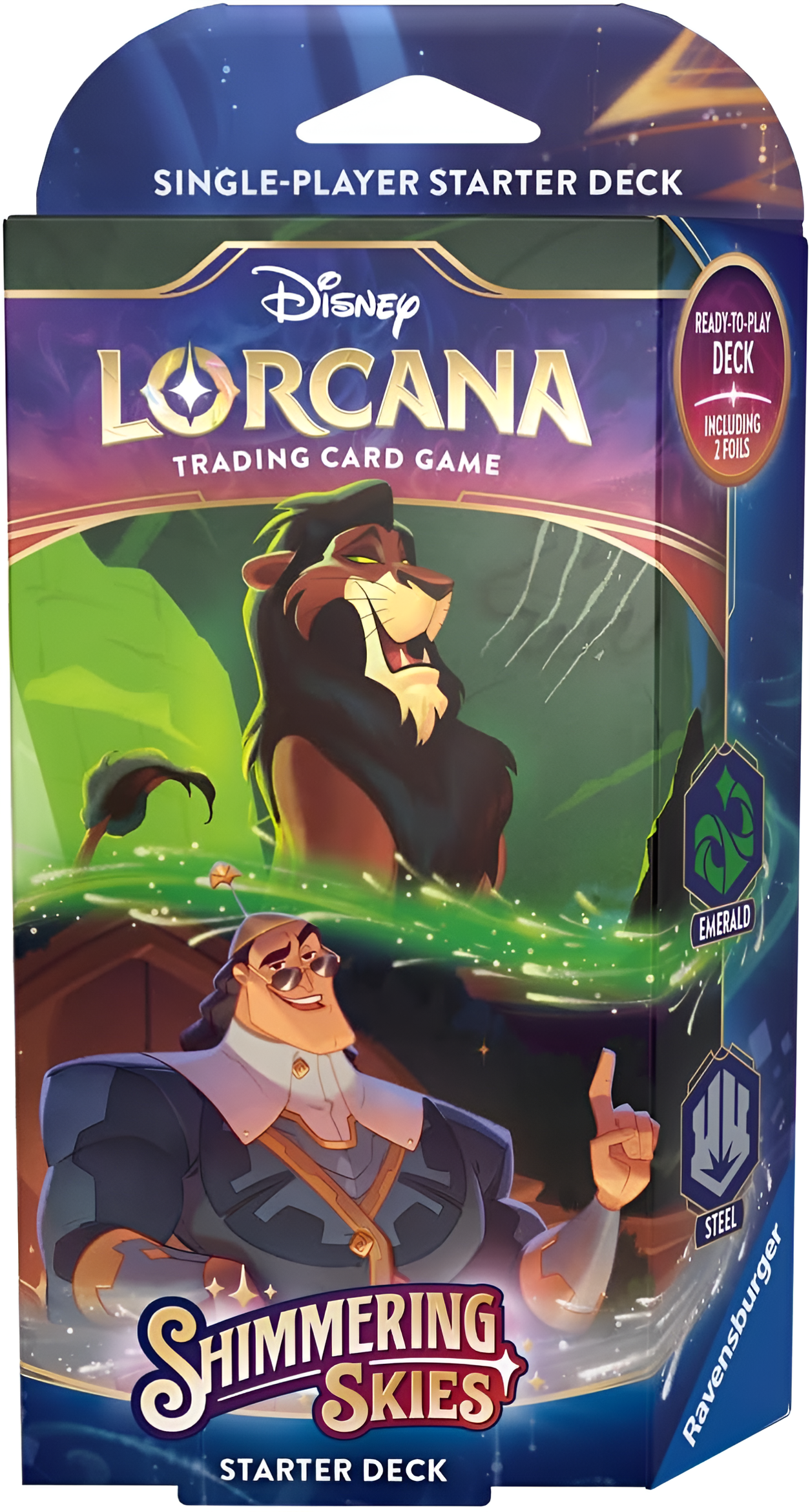 Disney Lorcana Shimmering Skies Starter Deck featuring Emerald and Steel colors, showcasing iconic characters and vibrant artwork.