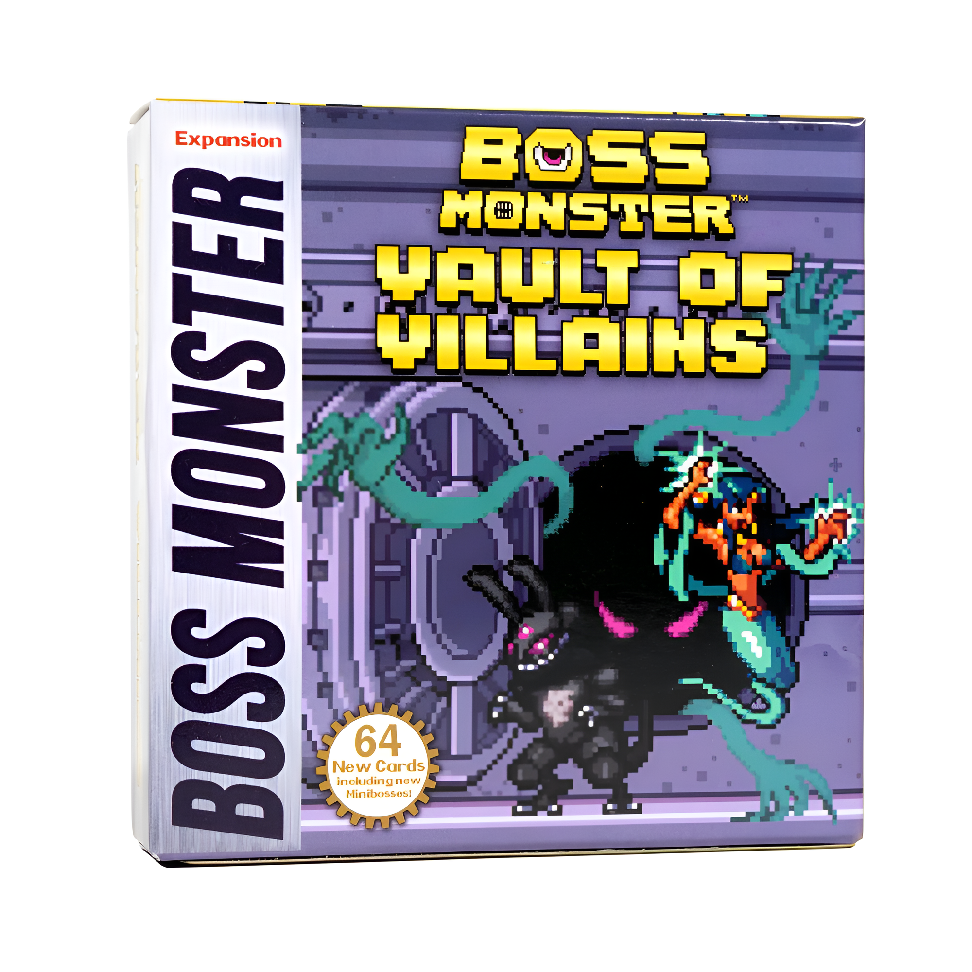 Boss Monster: Vault of Villains expansion box featuring pixel art characters and 64 new game cards for tabletop gaming.