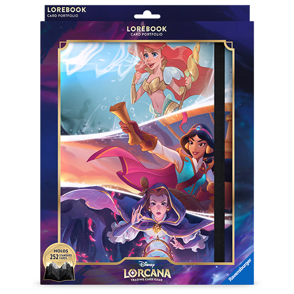 Disney Lorcana Fabled portfolio binder featuring vibrant artwork of three iconic princesses, designed to hold 252 trading cards.