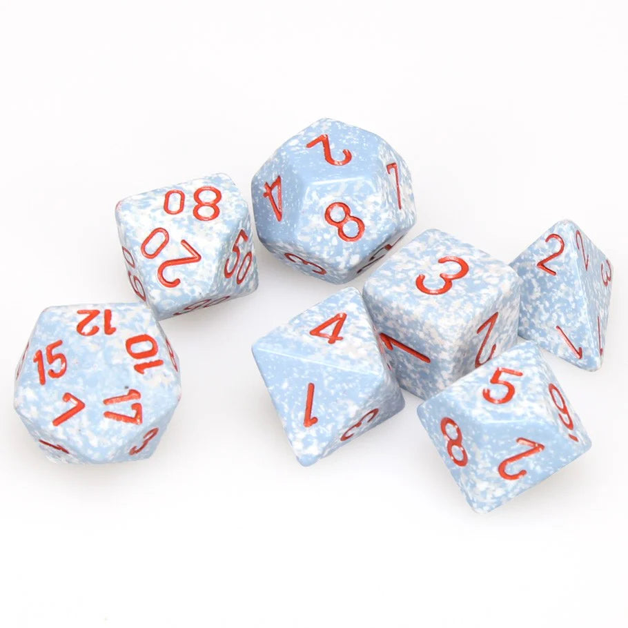 Chessex Speckled Poly Air 7ct dice set featuring blue speckled design with red numbers for tabletop gaming.