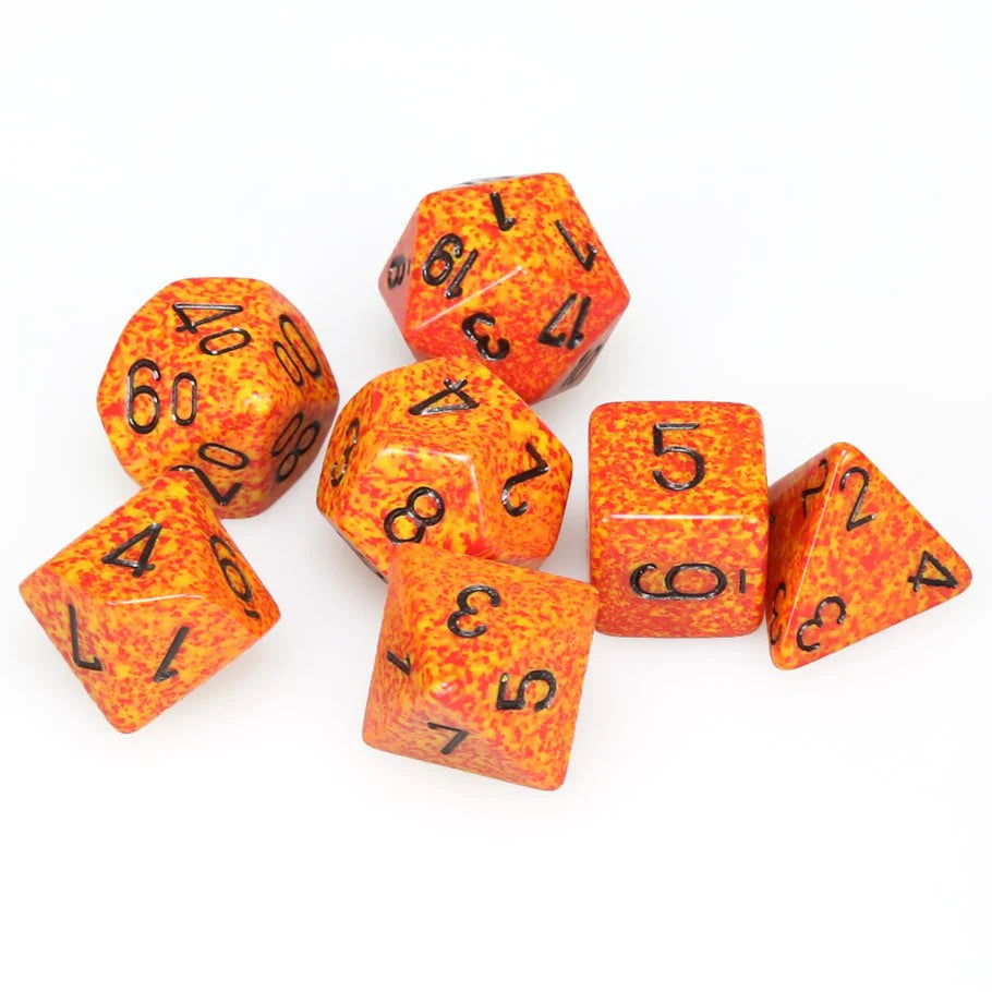 Chessex Speckled Poly Fire 7ct dice set featuring vibrant orange and yellow colors with black numbers.