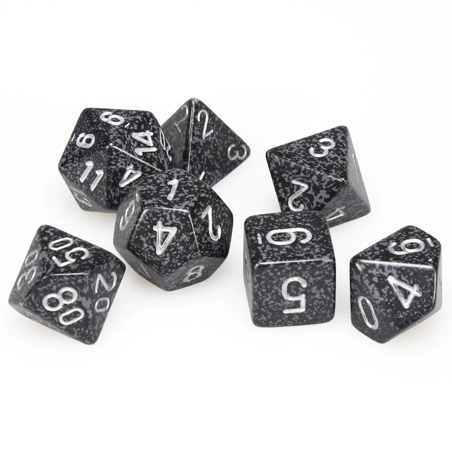Chessex Speckled Poly Ninja 7ct dice set featuring black speckled design with white numbers for tabletop gaming.