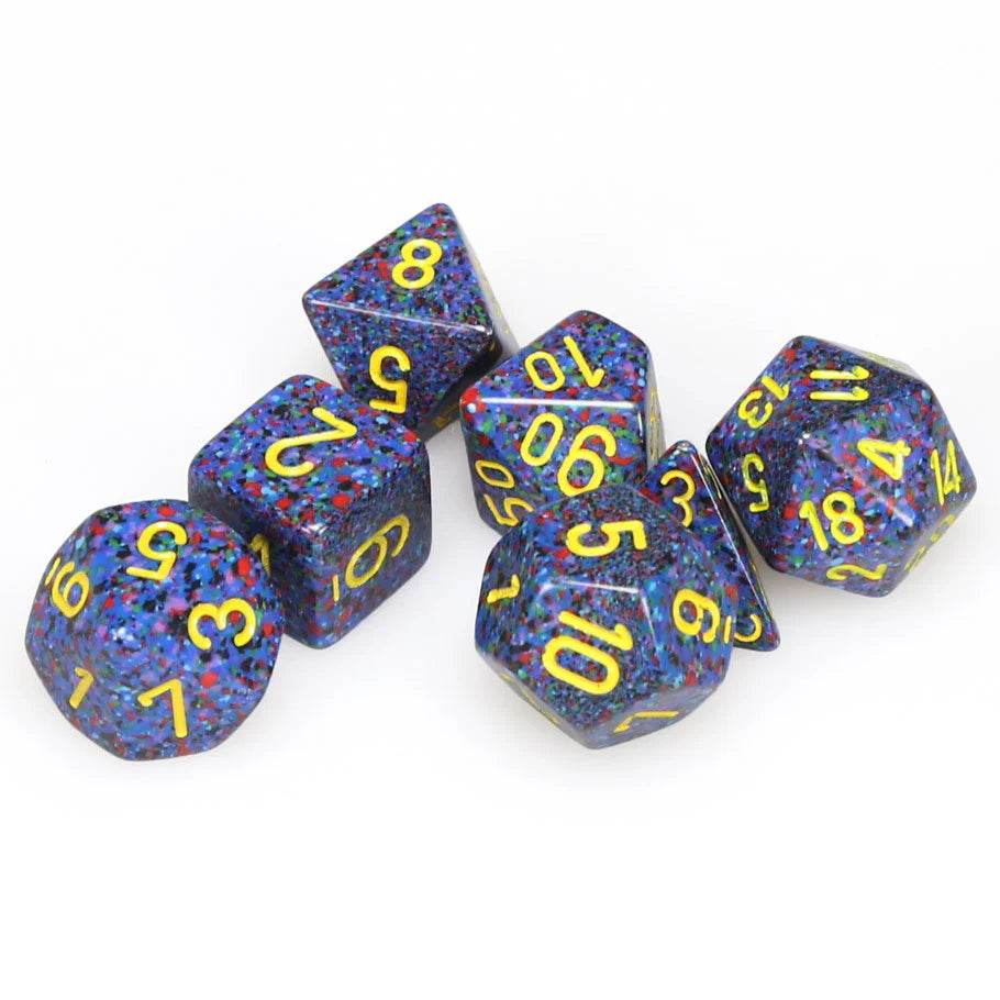 Chessex Speckled Poly Twilight 7ct dice set featuring vibrant blue and purple colors with yellow numbers.