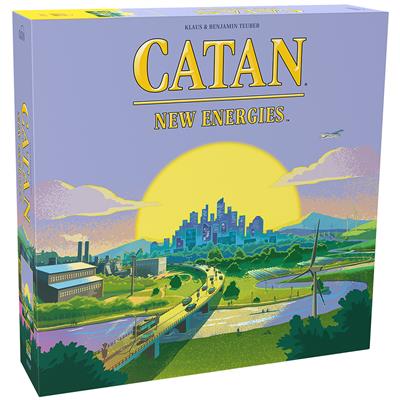 Catan - New Energies board game box featuring a vibrant landscape with wind turbines and a city skyline at sunset.