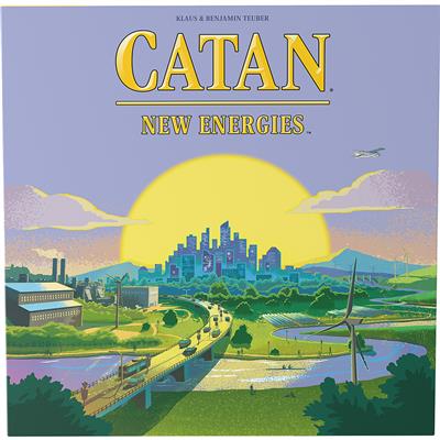 Catan - New Energies board game box featuring a vibrant landscape with wind turbines, a city skyline, and a sunset.