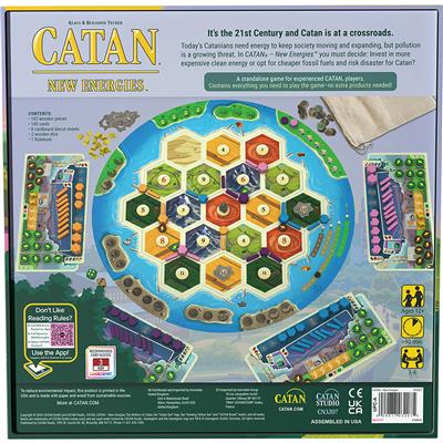 Catan - New Energies board game box featuring a colorful game board and components for strategic gameplay.