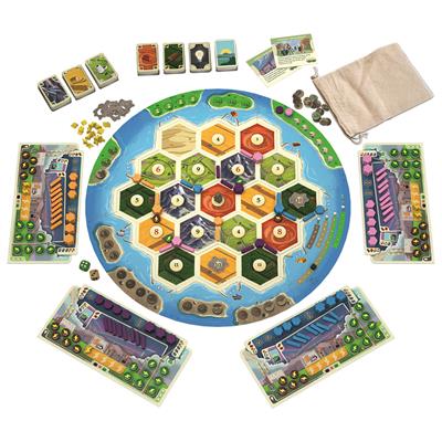 Catan - New Energies board game setup featuring hexagonal tiles, resource cards, and player boards for strategic gameplay.