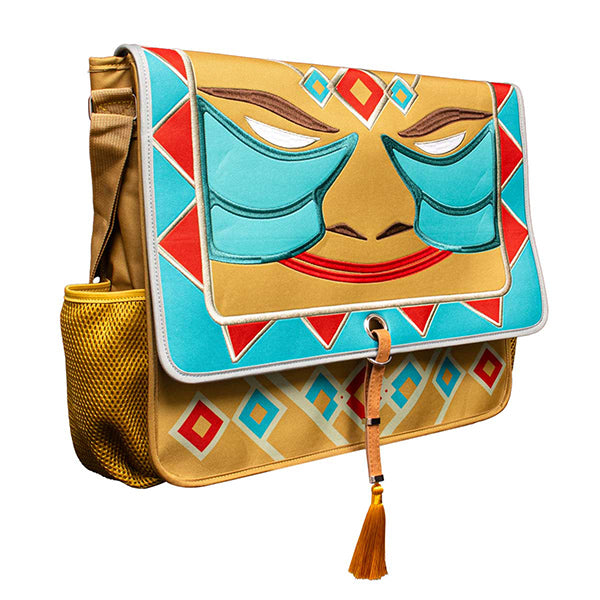 Dungeons and Dragons Bag of Holding backpack featuring a colorful design with geometric patterns and a face motif.