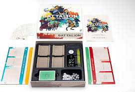 Battalion: War of the Ancients board game box with components including cards, dice, and player boards displayed.