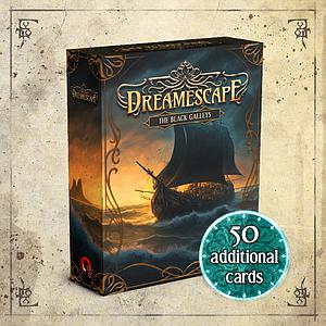 Dreamescape: The Black Galleys Expansion box featuring a ship on water, includes 50 additional cards for gameplay.