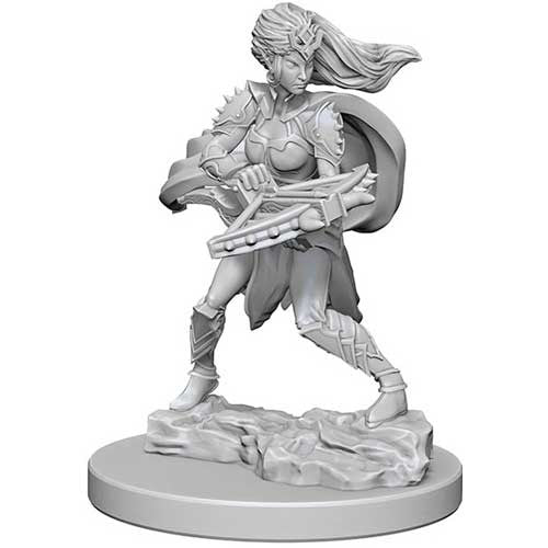 Unpainted Dungeons & Dragons miniature of a Drow warrior, poised with a crossbow and shield, on a rocky base.