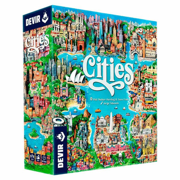 Colorful board game box for "Cities" featuring a detailed illustrated map of various iconic cityscapes and landmarks.