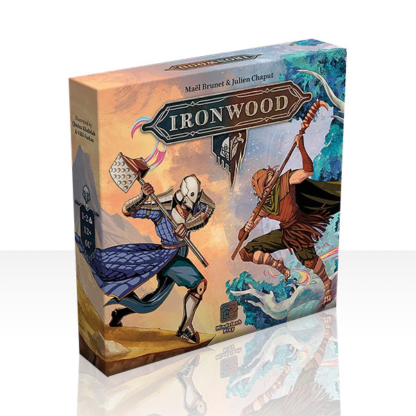 Box cover of Ironwood board game featuring two characters in a fantasy setting, one wielding an axe and the other a bow.