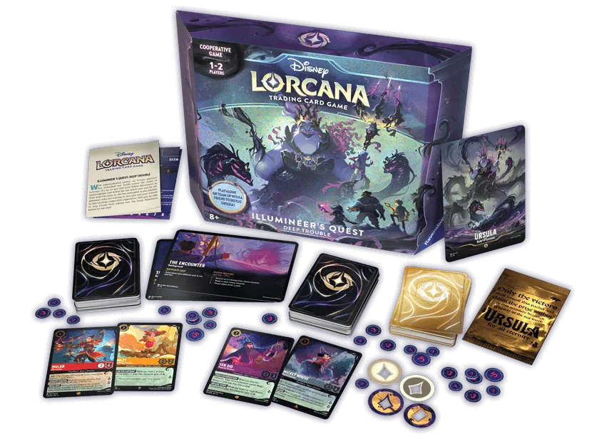 Disney Lorcana TCG: Ursula's Return - Illumineer's Quest box with cards, tokens, and rule sheet for cooperative gameplay.