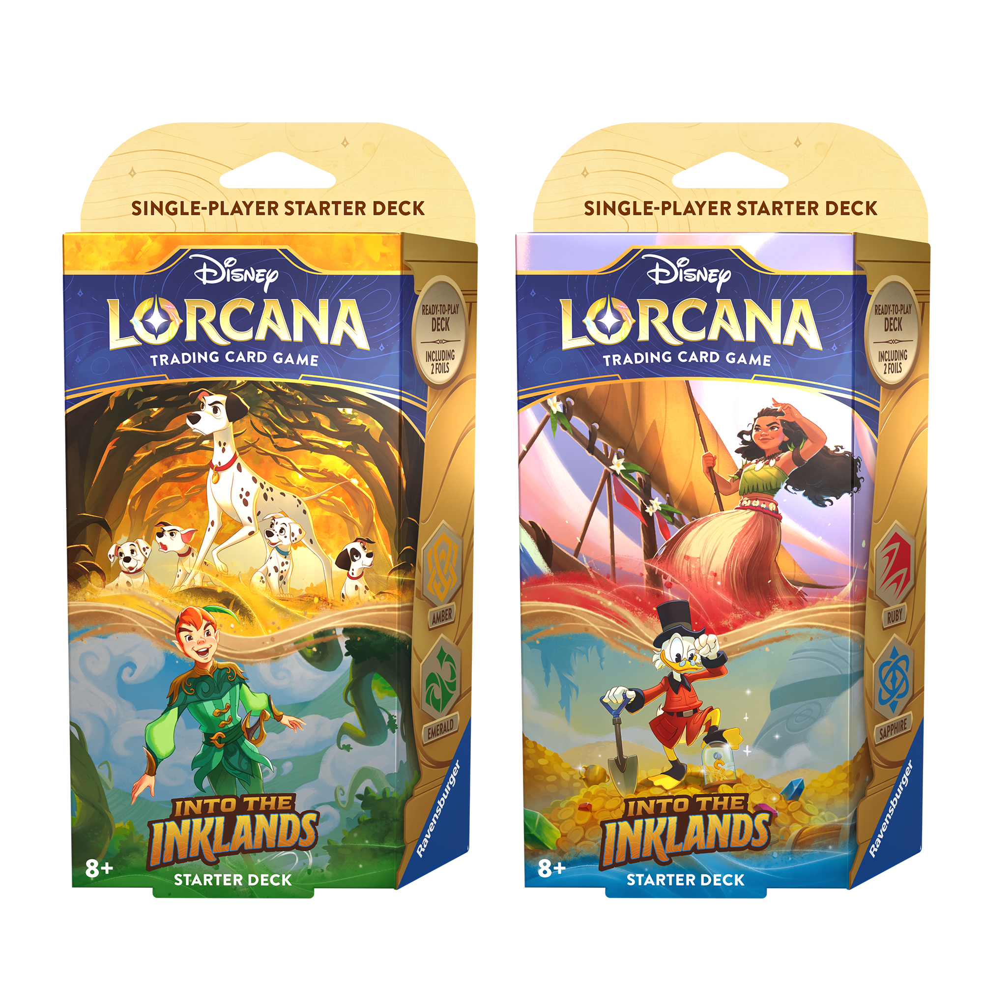 Disney Lorcana TCG Into the Inklands starter deck set of 2 featuring vibrant artwork of characters and scenes.
