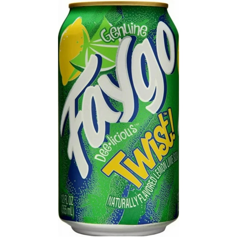 Green Faygo Twist soda can featuring a lemon design, labeled "Genuine Faygo Delicious Twist" in bold white text.