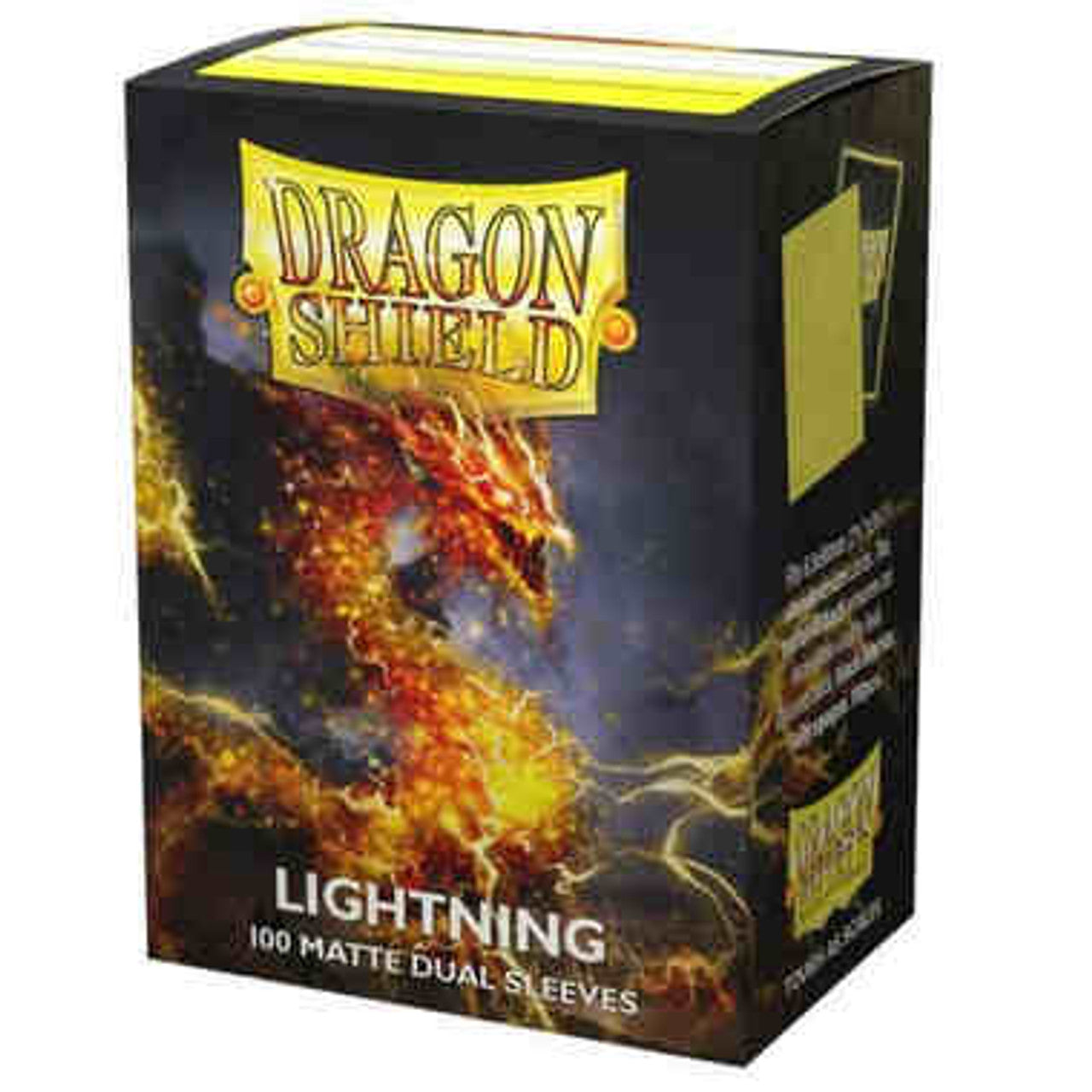 Dragon Shield Lightning Matte Dual Card Sleeves pack featuring a vibrant design with a dragon and lightning, 100-count.