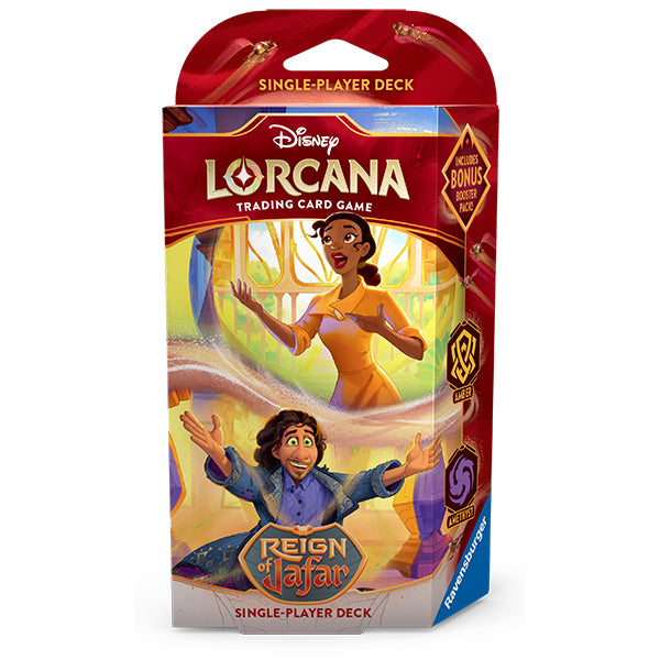 Disney Lorcana TCG Reign of Jafar starter deck packaging featuring characters and vibrant artwork, designed for single-player gameplay.