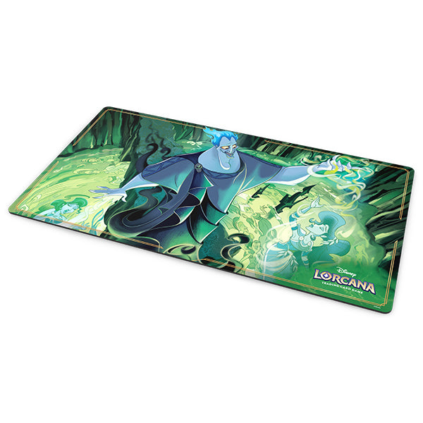 Disney Lorcana TCG Reign of Jafar Hades playmat featuring Hades casting magic in a mystical green setting.