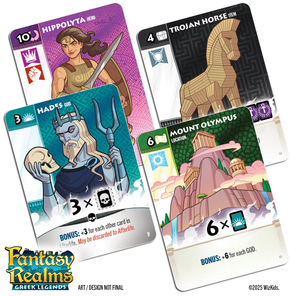 Fantasy Realms: Greek Legends preorder image featuring Hippolyta, Trojan Horse, Hades, and Mount Olympus cards.