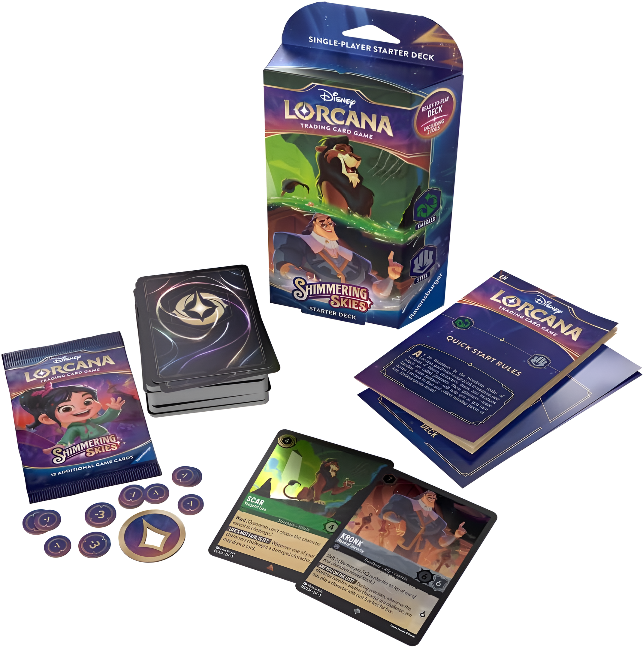 Disney Lorcana Shimmering Skies Starter Deck featuring Emerald and Steel, including cards, tokens, and rule booklet.