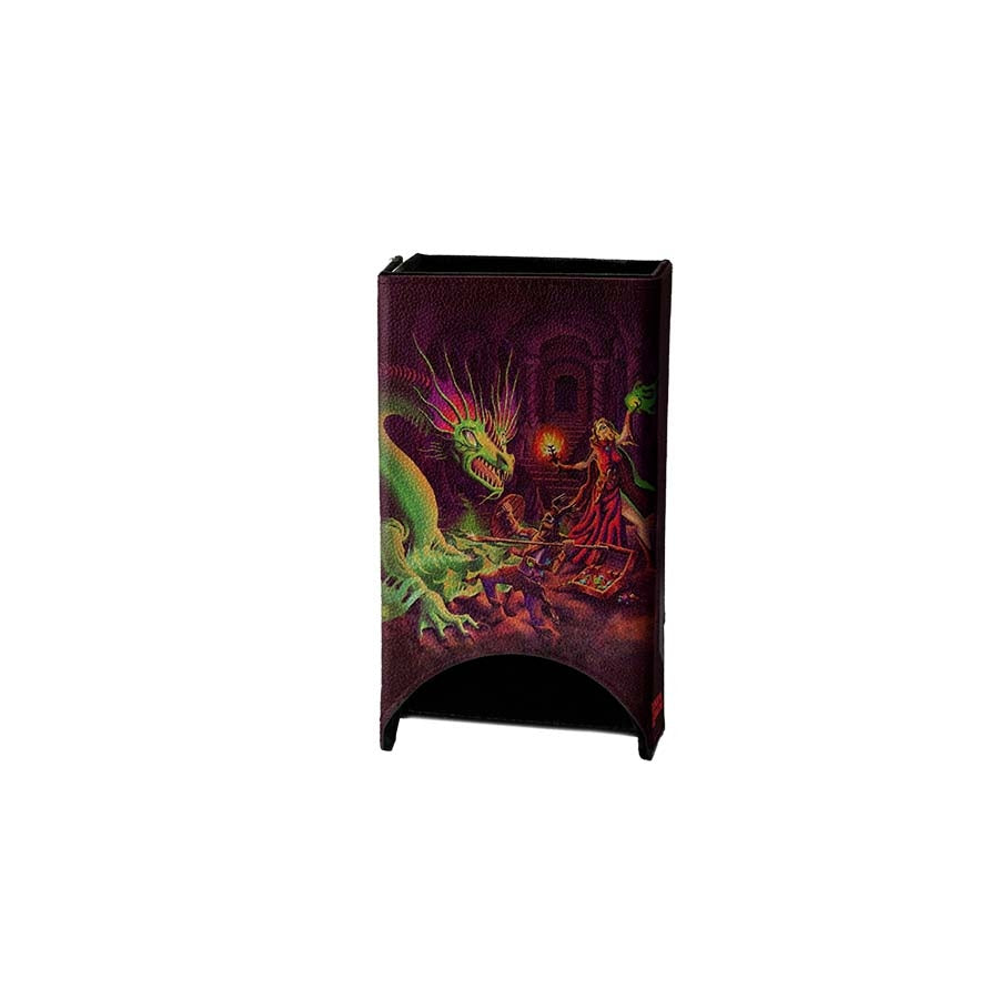 Dice tower featuring vibrant artwork by Erol Otus, depicting a fantasy scene with a dragon and a sorceress.