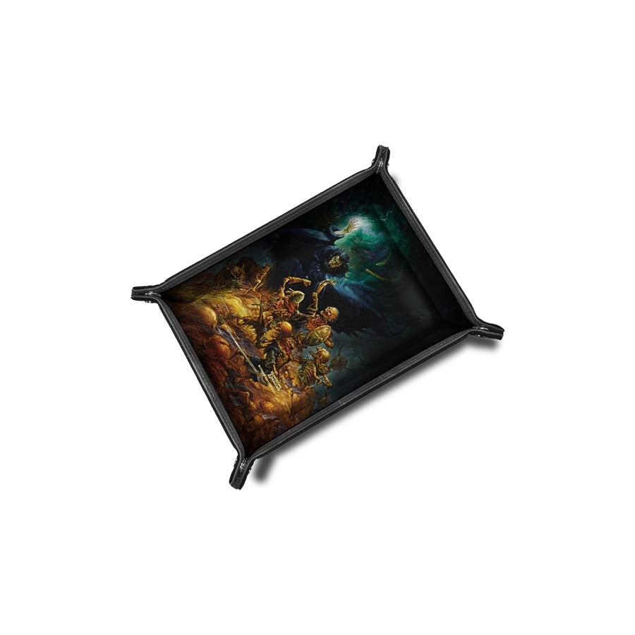 Dungeons and Dragons dice tray featuring Jeff Easley's artwork, showcasing a fantasy scene with vibrant colors and intricate details.