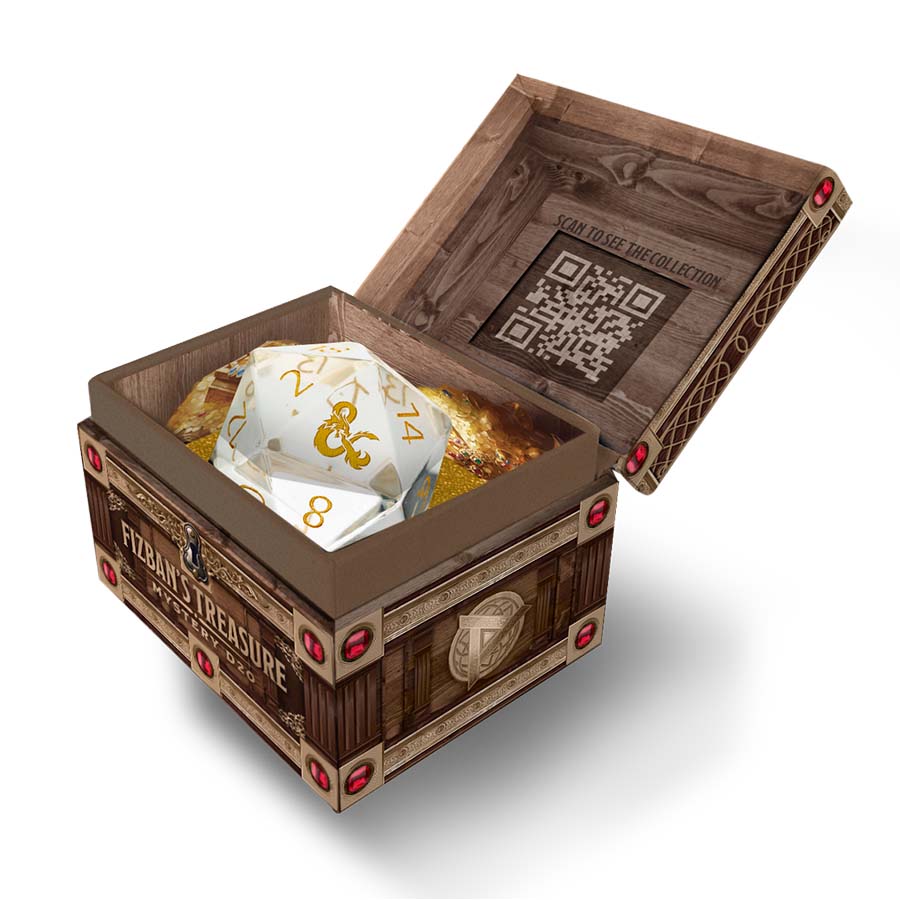 Dungeons & Dragons Fizban's Treasure Misfit Blind Mystery Box open, revealing a large die and treasure inside.