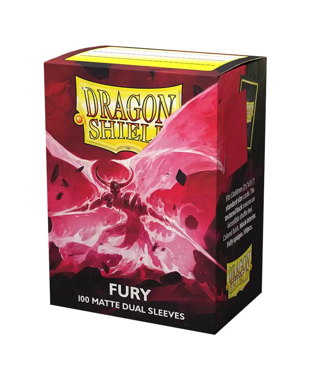 Dragon Shield Fury matte dual card sleeves packaging featuring vibrant pink and red artwork, designed for standard size cards.
