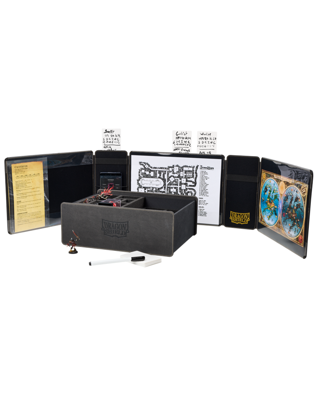 Dragon Shield Iron Grey Game Master Companion featuring a storage box, map display, and organized game materials.