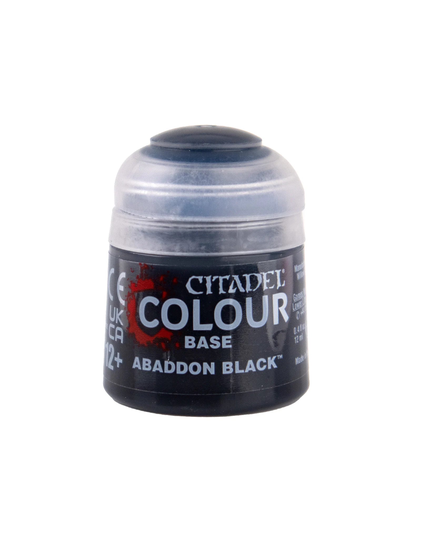 Citadel Base Paint Abaddon Black in a 12ml container, featuring a black lid and label with red accents.