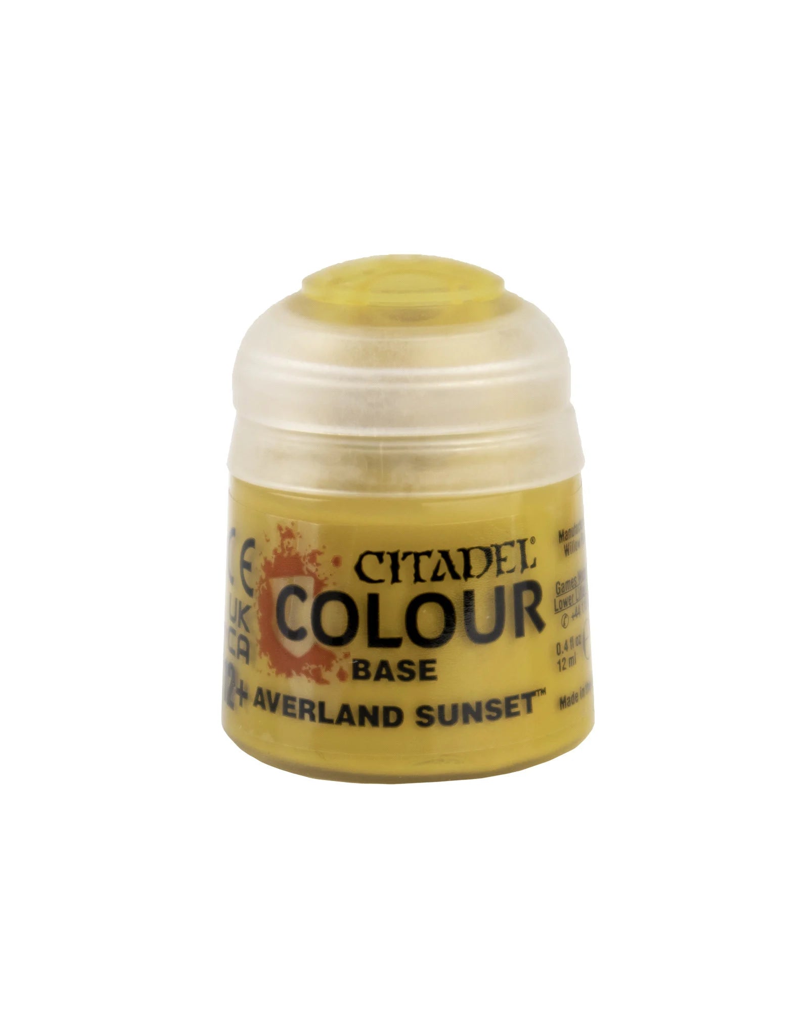 Citadel Base Paint in Averland Sunset, a 12ml container featuring a vibrant yellow color for miniature painting.